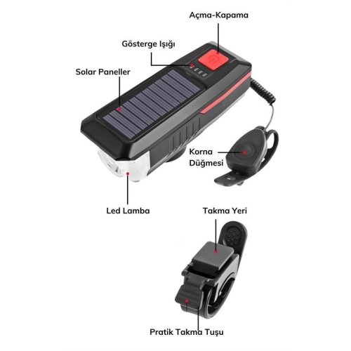  Solar Ledli Bisiklet Feneri Kornalı  USB ile Şarj Edilebilir  Su Geçirmez Far