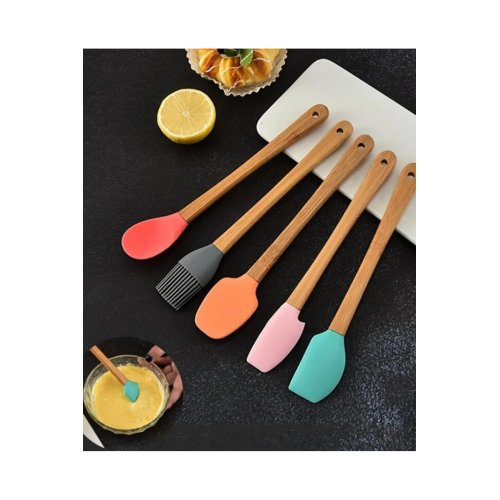 5'li Renkli Ahşap Saplı Silikon Uçlu Spatula Fırçalı Kaşık Seti -Yemek Hazırlık Seti 21 Cm