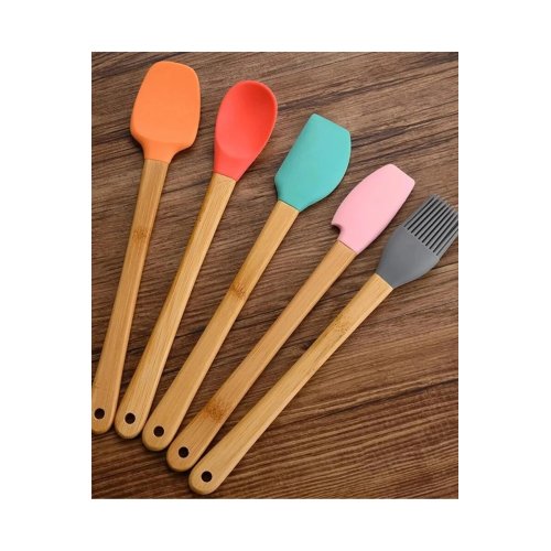 5'li Renkli Ahşap Saplı Silikon Uçlu Spatula Fırçalı Kaşık Seti -Yemek Hazırlık Seti 21 Cm