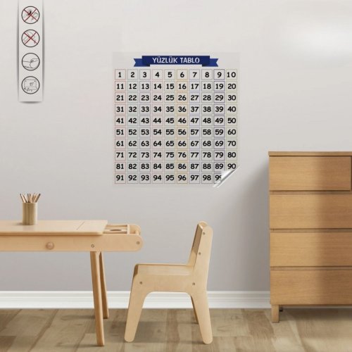 İz Bırakmaz Akıllı Kağıt Yapışkansız Statik 60x60 cm Matematik Öğreten Yüzlük Tablo